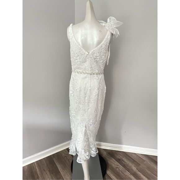 MAC DUGGAL FLORAL EMBELLISHED V-NECK MIDI DRESS WITH SHOULDER BOW - Picture 8 of 12